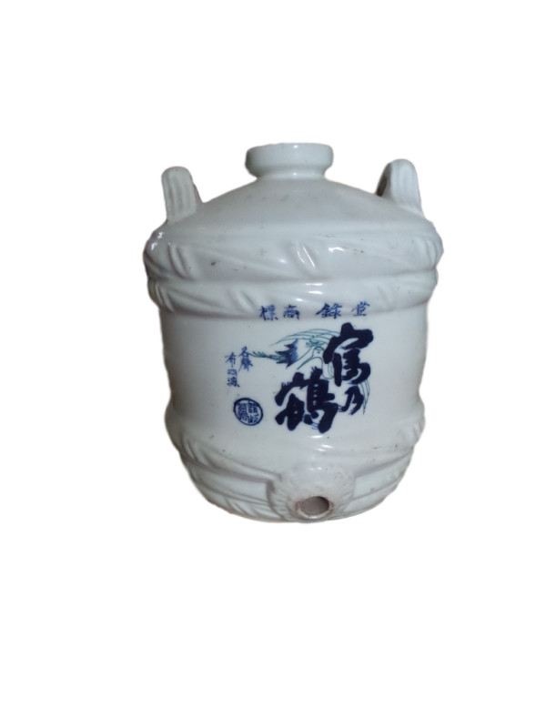 Blue and White Japanese Porcelain Barrel Shaped Antique Sake Jar #3 with Green Crane on Front by Tristina Dietz Elmes