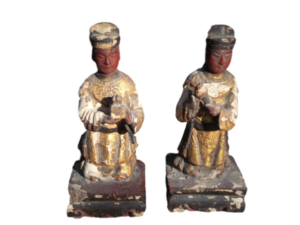 Asian Male and Female Attendant Wood Sculpture with Golden Robes and Red Skin by Tristina Dietz Elmes
