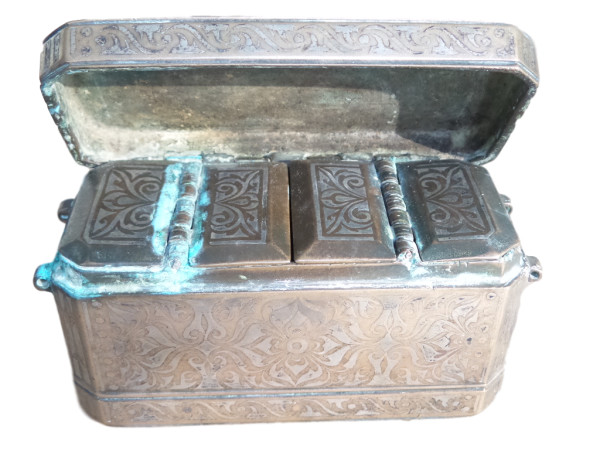 Asian Betel Nut Box Silver Design with 3 Interior Compartments by Tristina Dietz Elmes