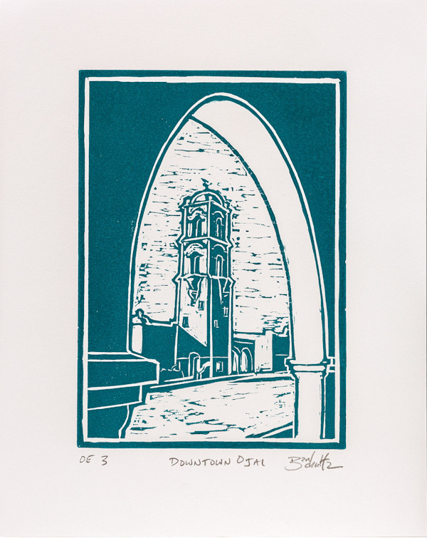 "Downtown Ojai" Linocut #3 by Dan Schultz