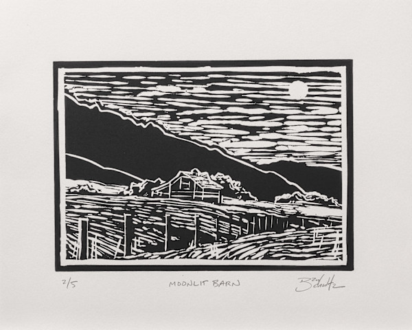 "Moonlit Barn" Linocut 2/5 by Dan Schultz