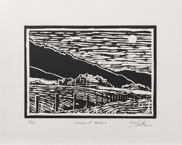 "Moonlit Barn" Linocut 3/5 by Dan Schultz