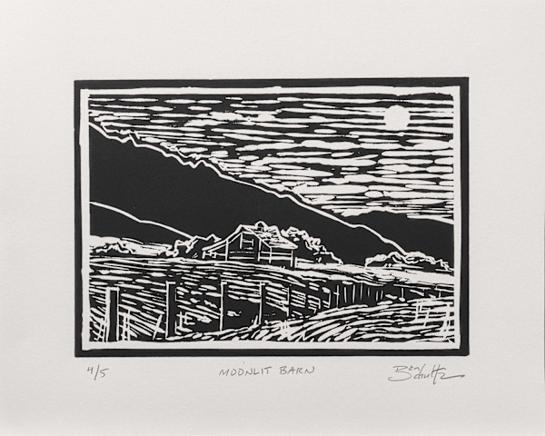 "Moonlit Barn" Linocut 4/5 by Dan Schultz