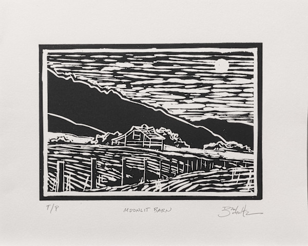 "Moonlit Barn" Linocut Proof 1 by Dan Schultz