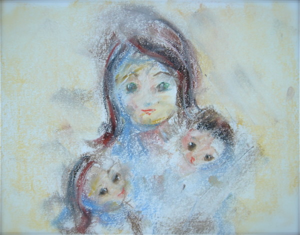 Pastel self-portrait with girls by Lois Keller