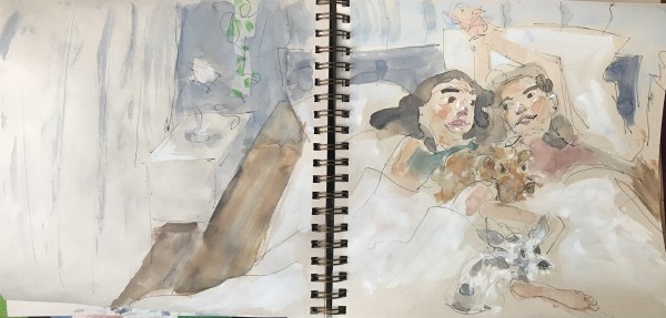 Sisters and dogs in bed by Lois Keller