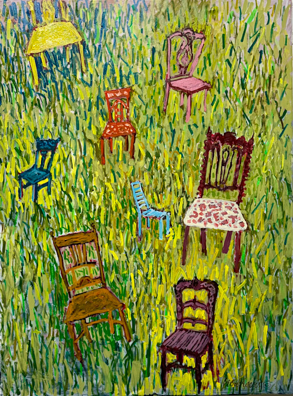 Chairs in the Grass, oil on canvas by Billie Bourgeois, Image 1.