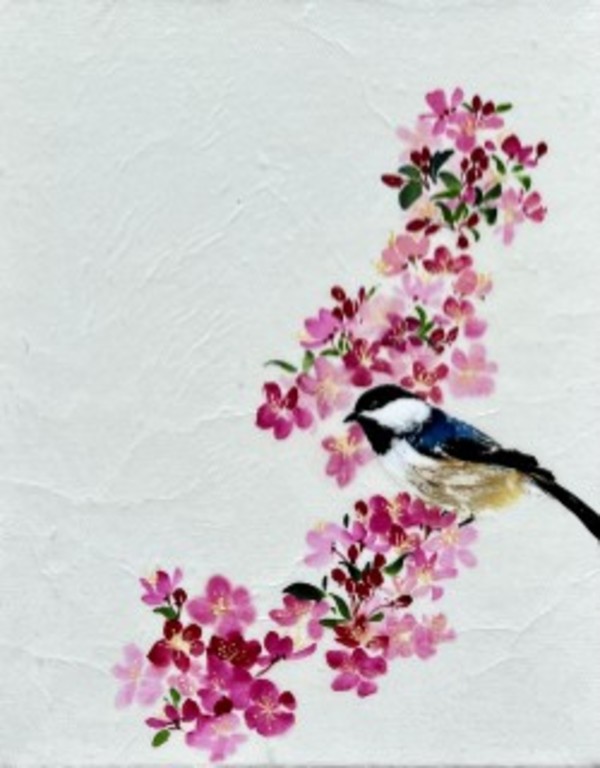 Black-capped Chickadee in Apple Blossoms by Sharlene Cline