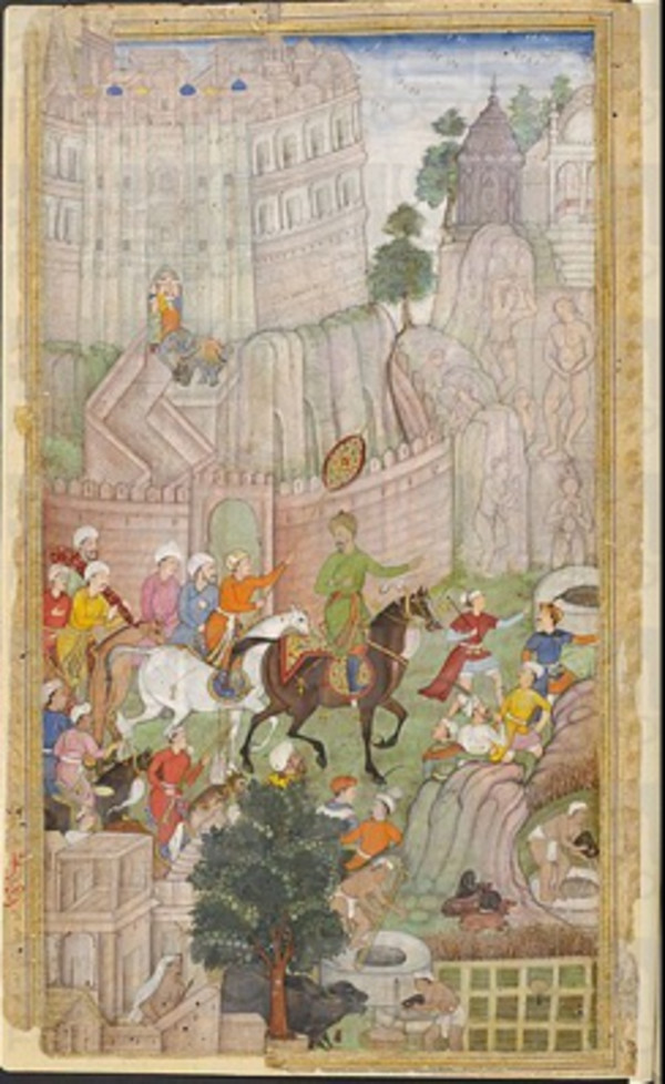 Babur Visiting the Urvahshi Valley in Gwalior, painted ca. 1590 by Dhanraj, artist