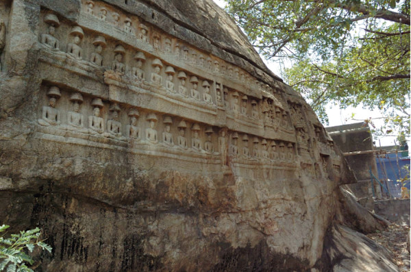 Façade with Bas-reliefs of Jinas, 9th-10th century by Kalugumalai Jain Beds, Tamil Nadu