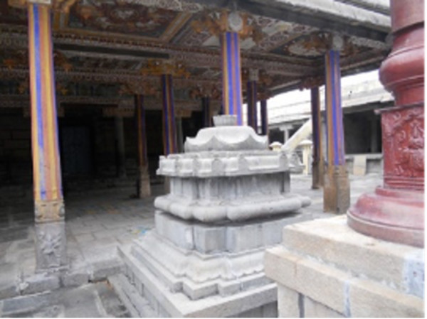 Pedestal for Oblation and Flag-staff with Sangita Mandapa in the Background by Tiruparuttikunram, Kanchipuram, Tamil Nadu