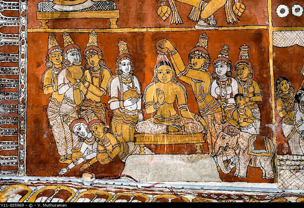 Painted Mural Depicting Lustration of Jina Vardhamana by Vardhamana Shrine, Tiruparuttikunram Complex, Tamil Nadu