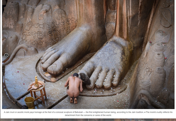 A Jain Ascetic Pays Homage to a Colossal Statue of Bahubali by Shravanabelagola, Karnataka