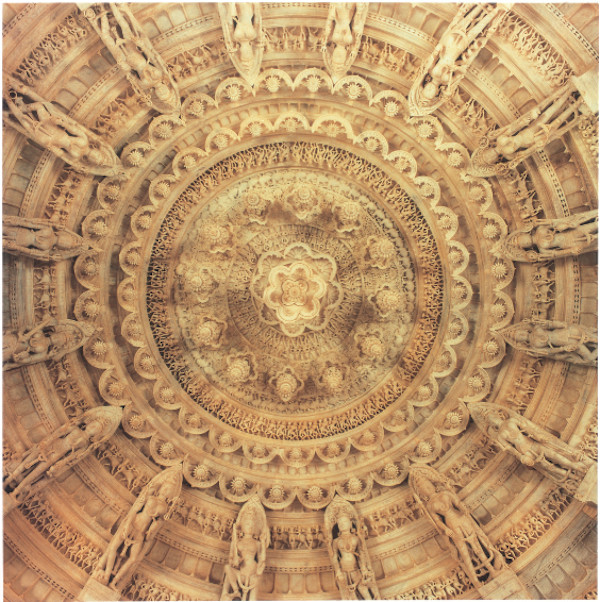 Vimala Vasahi, Richly Carved Ceiling of the Rangamandapa with Lotus Pendant and Goddesses (vidyadevis) by Vimala Vasahi, Mount Abu, Rajasthan