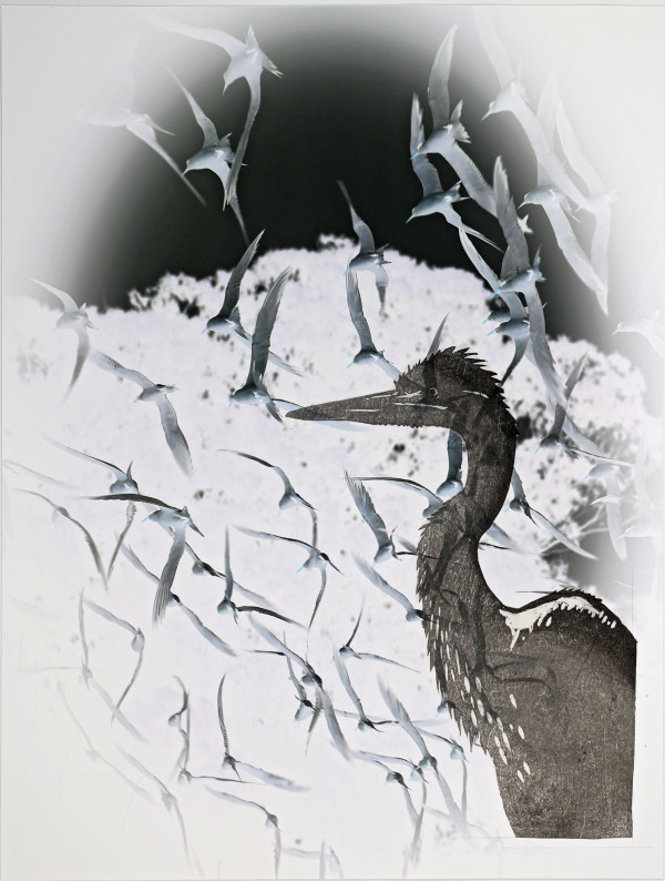 Heron with Flying Terns by April Vollmer