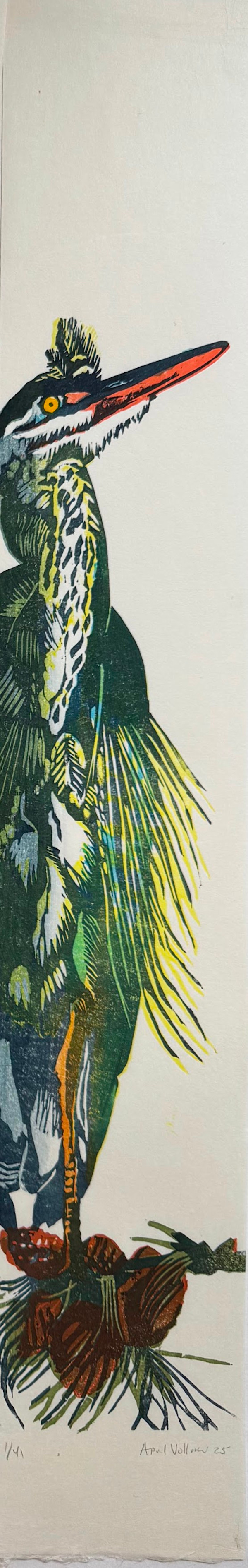 Young Heron pillar print for Baren Forum Exchange #100 (ed 41) by April Vollmer