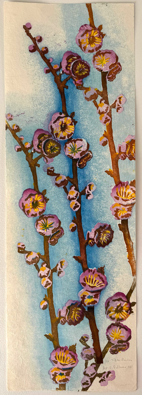 3 Blue Peaches (flowering branches with blue background) (ed 10) by April Vollmer