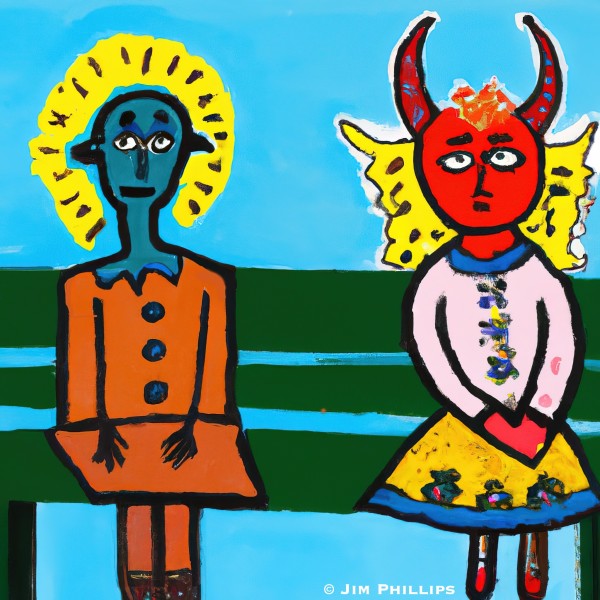 Devil & Angel on Bench 004 by Jim Phillips