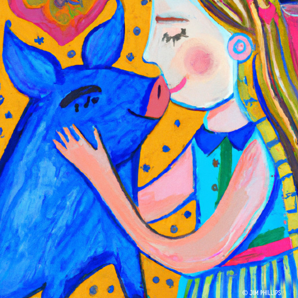 Girl Kissing Blue Pig by Jim Phillips