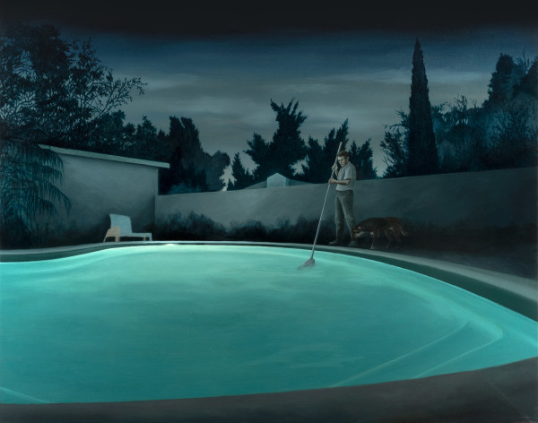 Man with Dog, at Pool...by Night by Andrew Kayser