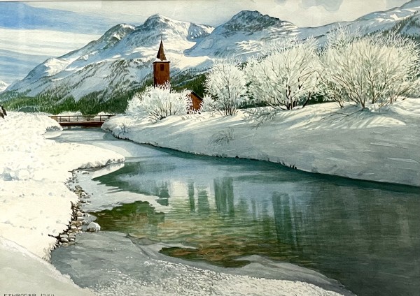 River & Church (Winter Scene) by Leslie F. Schroder