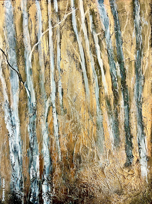 “Trees touched by copper” by Suzanne Barrow (1951-2025), Image 1.