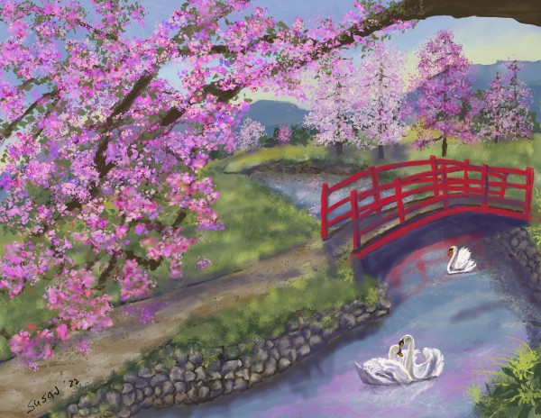 Cherry Blossoms and Swans by Susan Reich