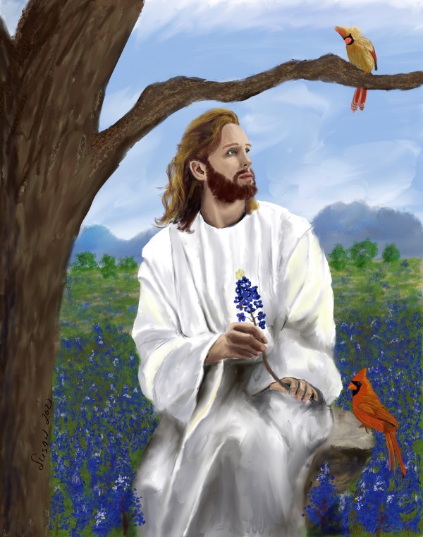 Jesus in Bluebonnet Field by Susan Reich