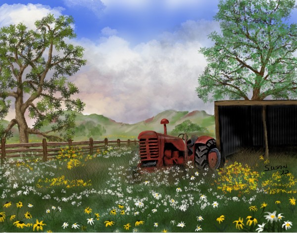 Old Tractor and Pole Barn by Paintings by Susan