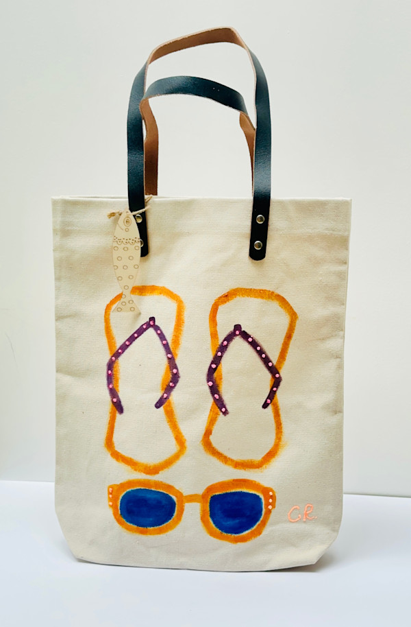 Large hand painted bag with leather handles by Chrissie Richards, Image 1.