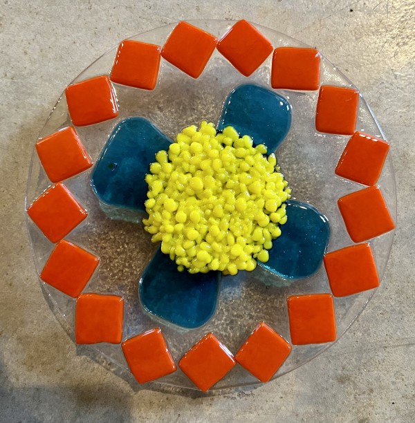 Garden Stake - Flower (orange diamond, turq & yellow center) by Cindy Cherrington