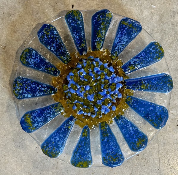 Garden Stake - Flower (blue w/green specks, yellow, blue center) by Cindy Cherrington