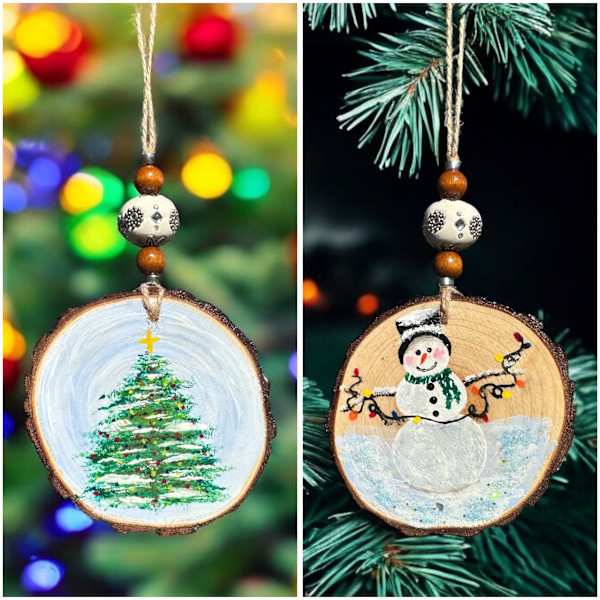 Snowman and Christmas Tree Wooden Ornament by Donna Richardson