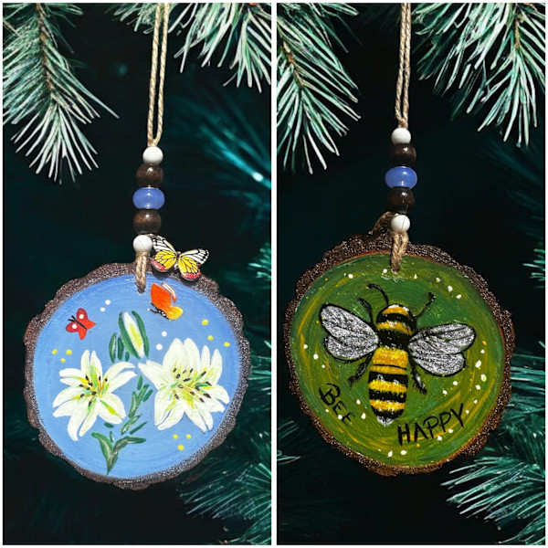 Lilies / Bumble Bee Wooden Ornament by Donna Richardson