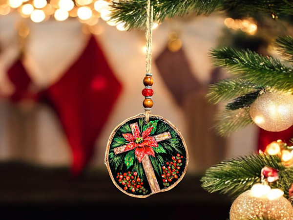 Poinsettia Cross / Dove Wooden Ornament by Donna Richardson