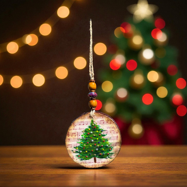 Colored Lights Christmas Tree Wooden Ornament by Donna Richardson