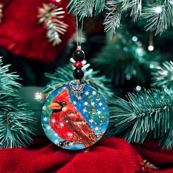 Misty Cardinal Wooden Ornament by Donna Richardson