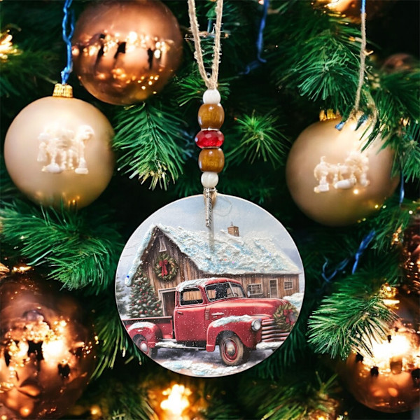 Red Christmas Truck Wooden Ornament by Donna Richardson