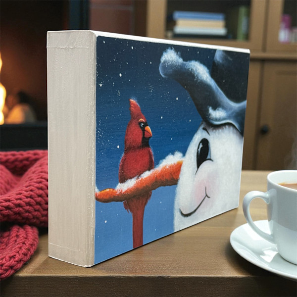 Snowman and Cardinal Art Print on Cradled Wood Panel by Donna Richardson