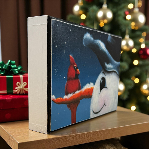 Snowman and Cardinal Art Print on Cradled Wood Panel by Donna Richardson