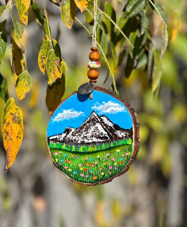 Mountain Meadow Wooden Ornament by Donna Richardson