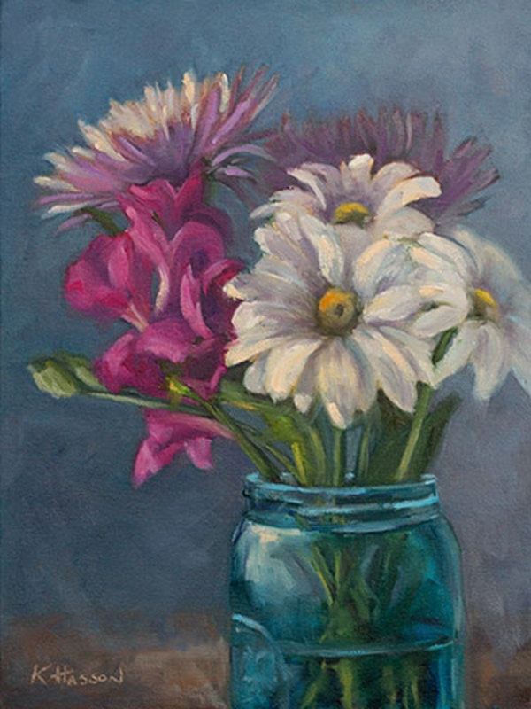 Flowers in Blue Mason Jar by Krista Hasson