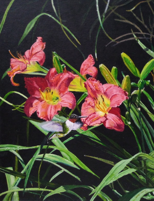 Red Lilies & Hummer by Leanne Marchand
