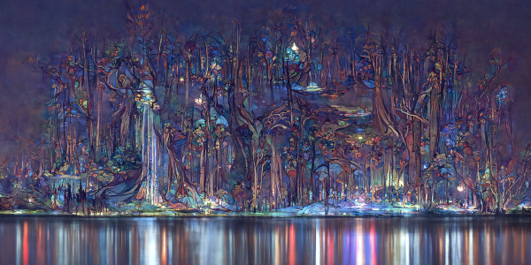 Enchanted Forest at Night with Still Water by Mark Mrohs