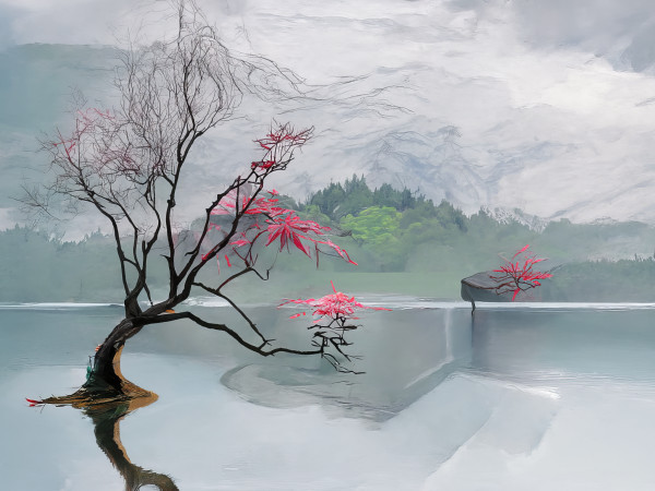 Solitary Japanese Maple on Lake by Mark Mrohs