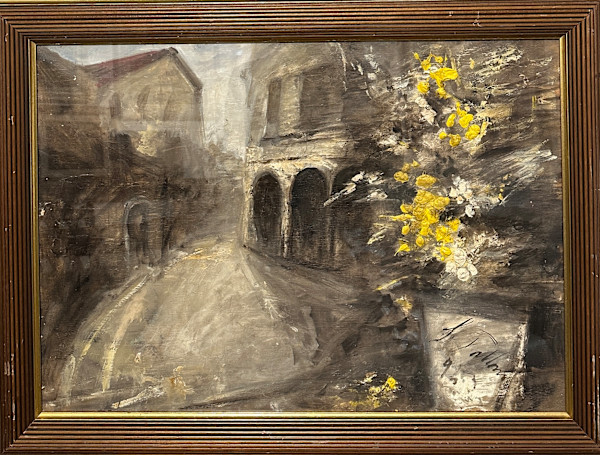 Natura morta (fiori) sul paesaggio by Cesare Tallone (1853-1919)
