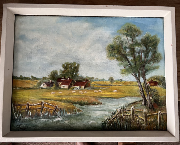 'Country scene with red roof cottages'