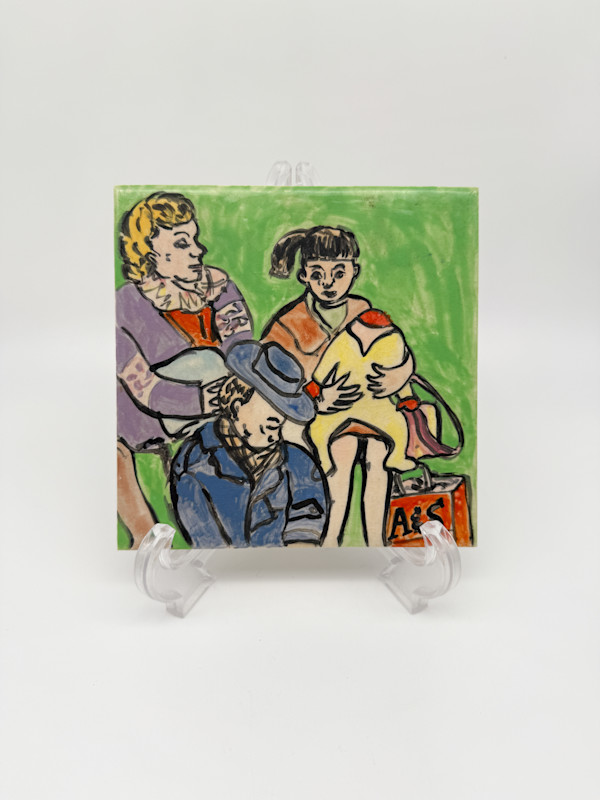 Illustrated Tile - Green, 3 people and 1 baby by Rumiko "Rumi"  Tsuda Estate