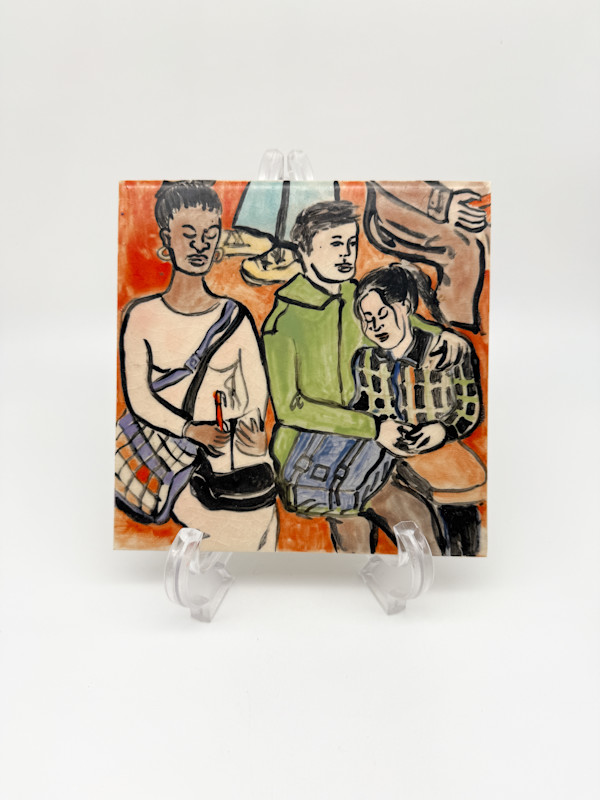 Illustrated Tile - Red, 5 people by Rumiko "Rumi"  Tsuda Estate