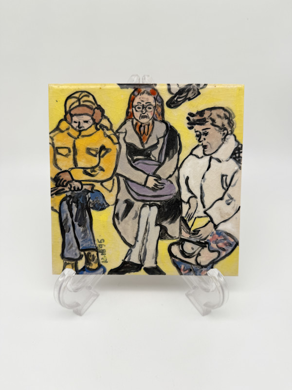 Illustrated Tile - Yellow, 3 people, on in a yellow coat by Rumiko "Rumi"  Tsuda Estate